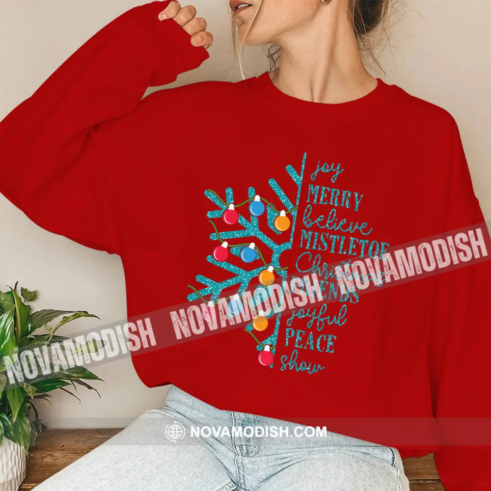 Unisex Shirt Joy Merry Believe Mistletoe Christmas Long Sleeve Sweater Gift For / Red S T-Shirt