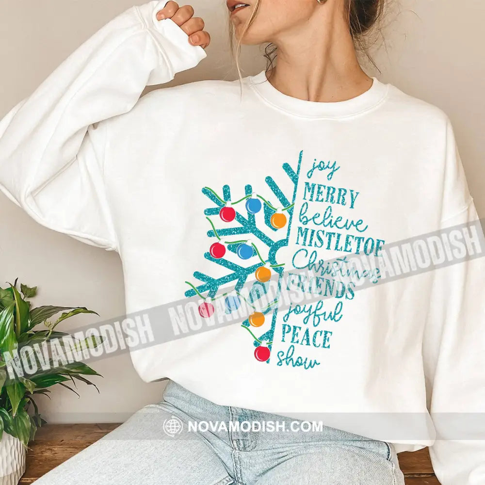 Unisex Shirt Joy Merry Believe Mistletoe Christmas Long Sleeve Sweater Gift For / White S T-Shirt