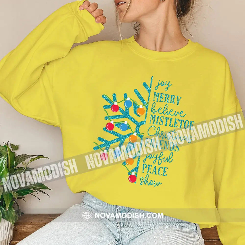 Unisex Shirt Joy Merry Believe Mistletoe Christmas Long Sleeve Sweater Gift For / Yellow S T-Shirt