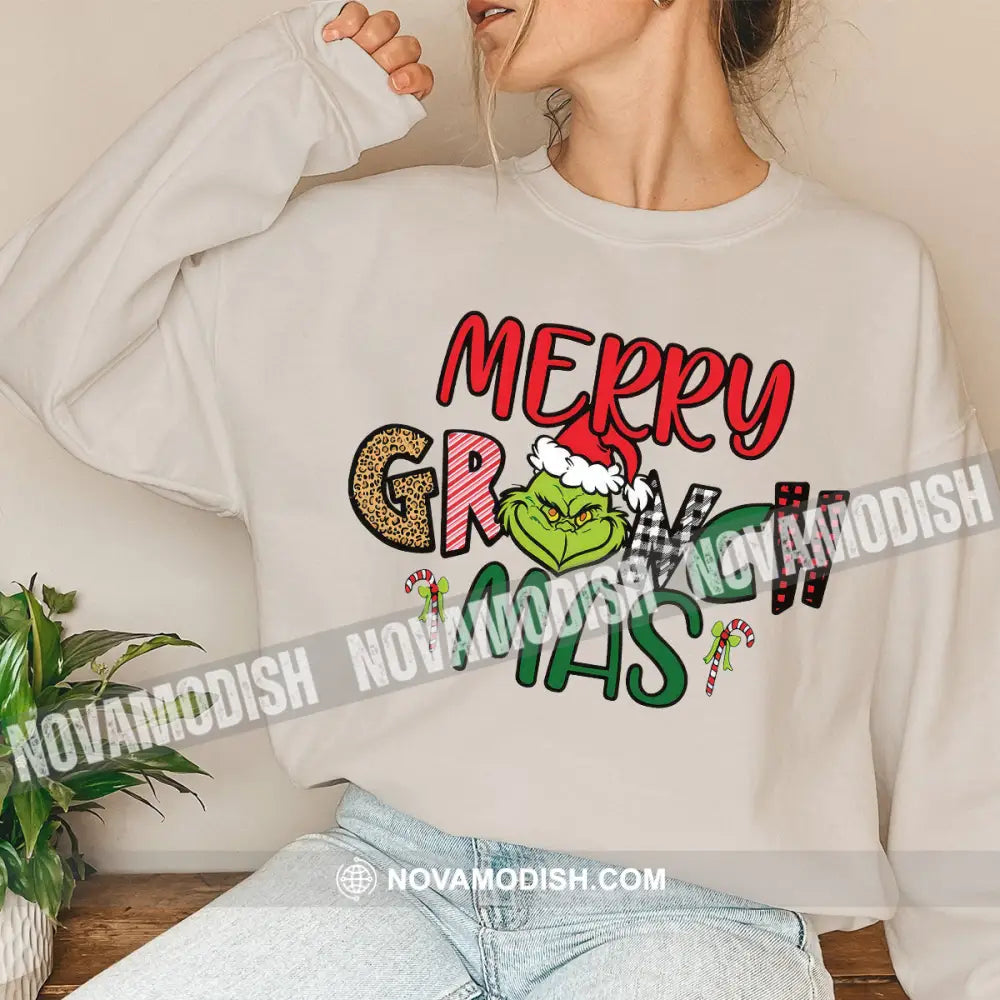 Unisex Shirt Merry Grinchmas Christmas Long Sleeve Sweater Gift For / Beige S T-Shirt