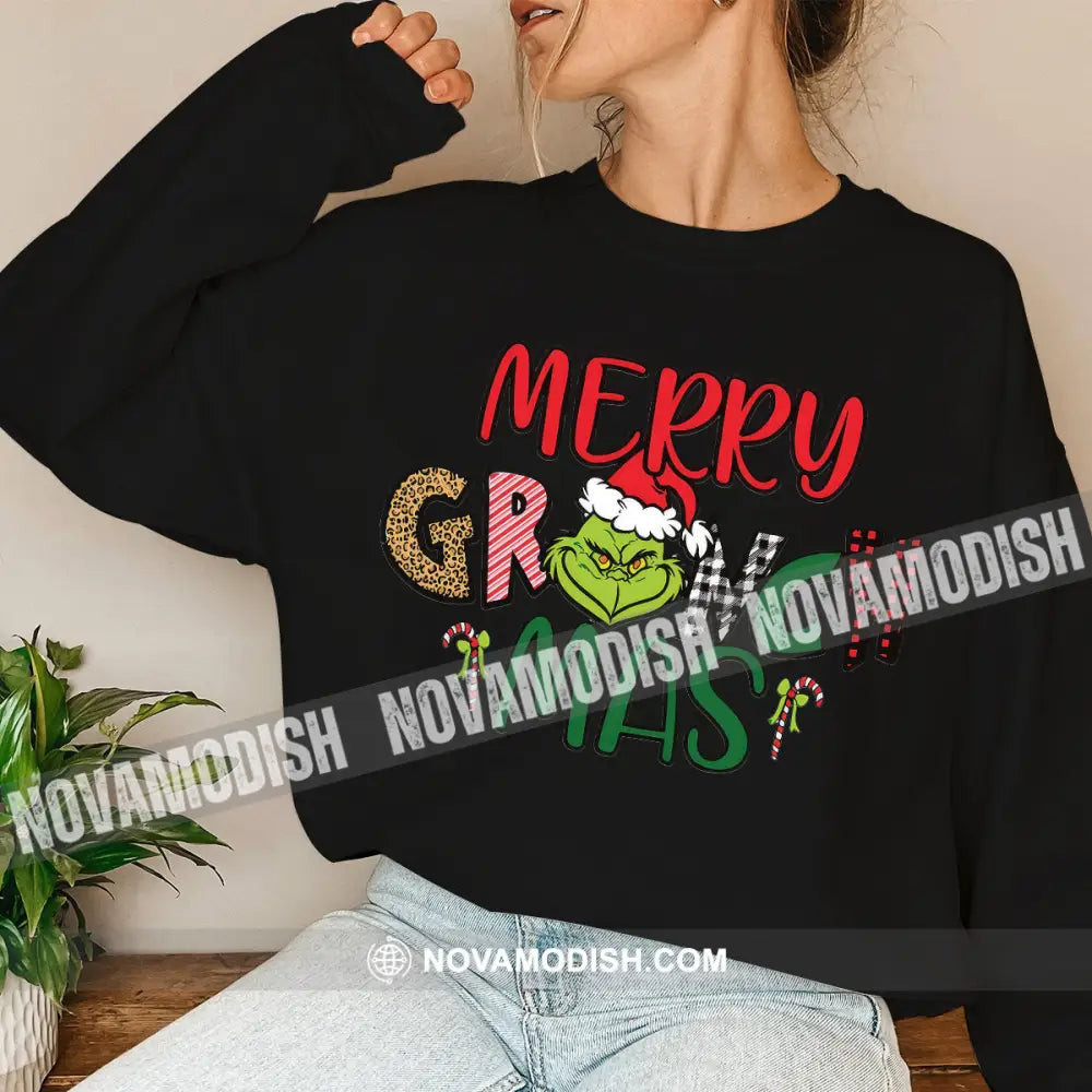 Unisex Shirt Merry Grinchmas Christmas Long Sleeve Sweater Gift For / Black S T-Shirt