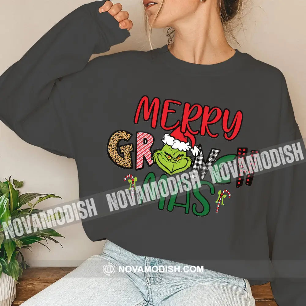 Unisex Shirt Merry Grinchmas Christmas Long Sleeve Sweater Gift For / Dark Gray S T-Shirt