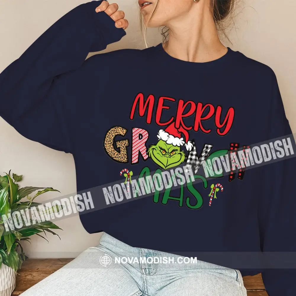 Unisex Shirt Merry Grinchmas Christmas Long Sleeve Sweater Gift For / Navy Blue S T-Shirt