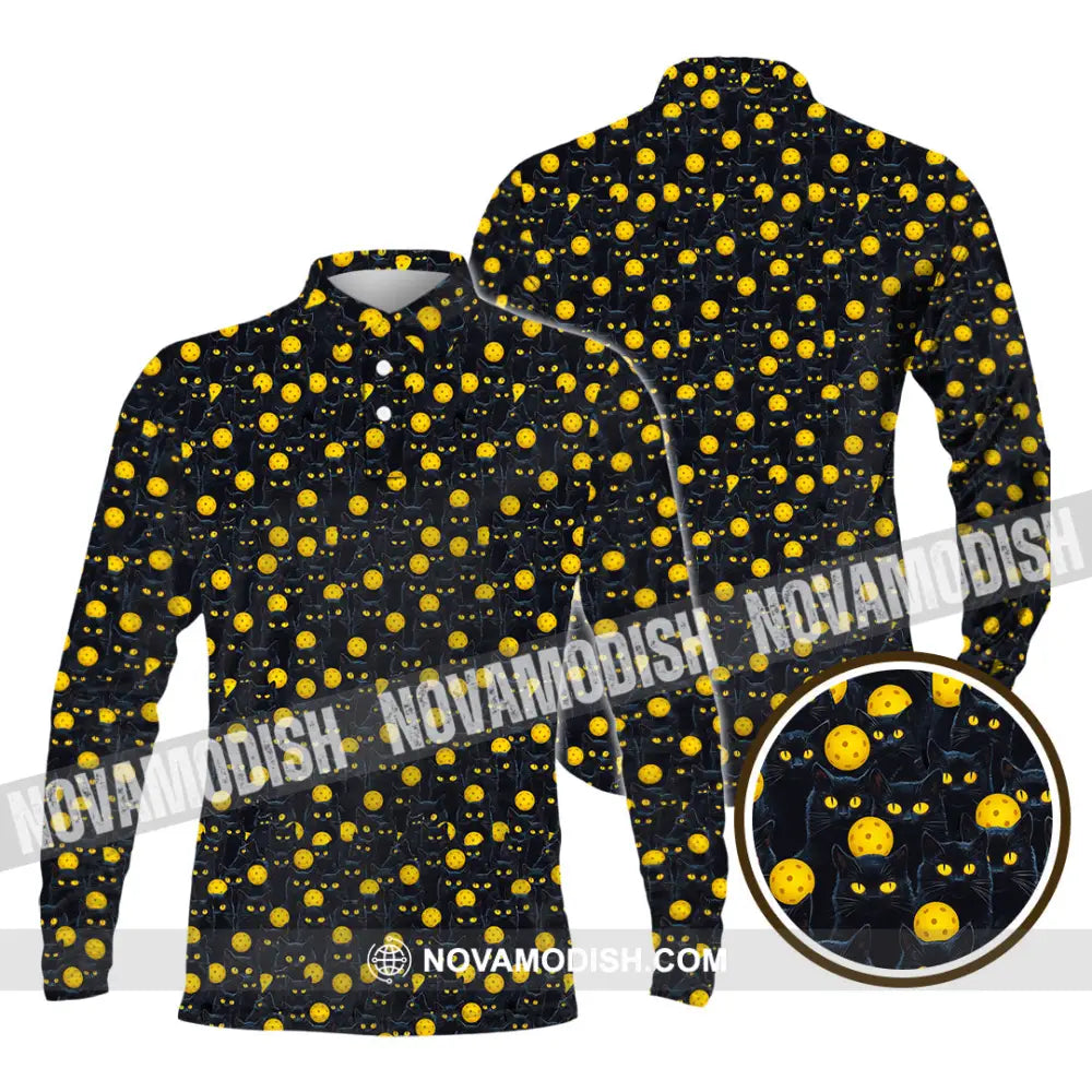 Unisex Shirt - Pickleball Halloween Black Cat Shirt Long Sleeve Polo / S T-shirt