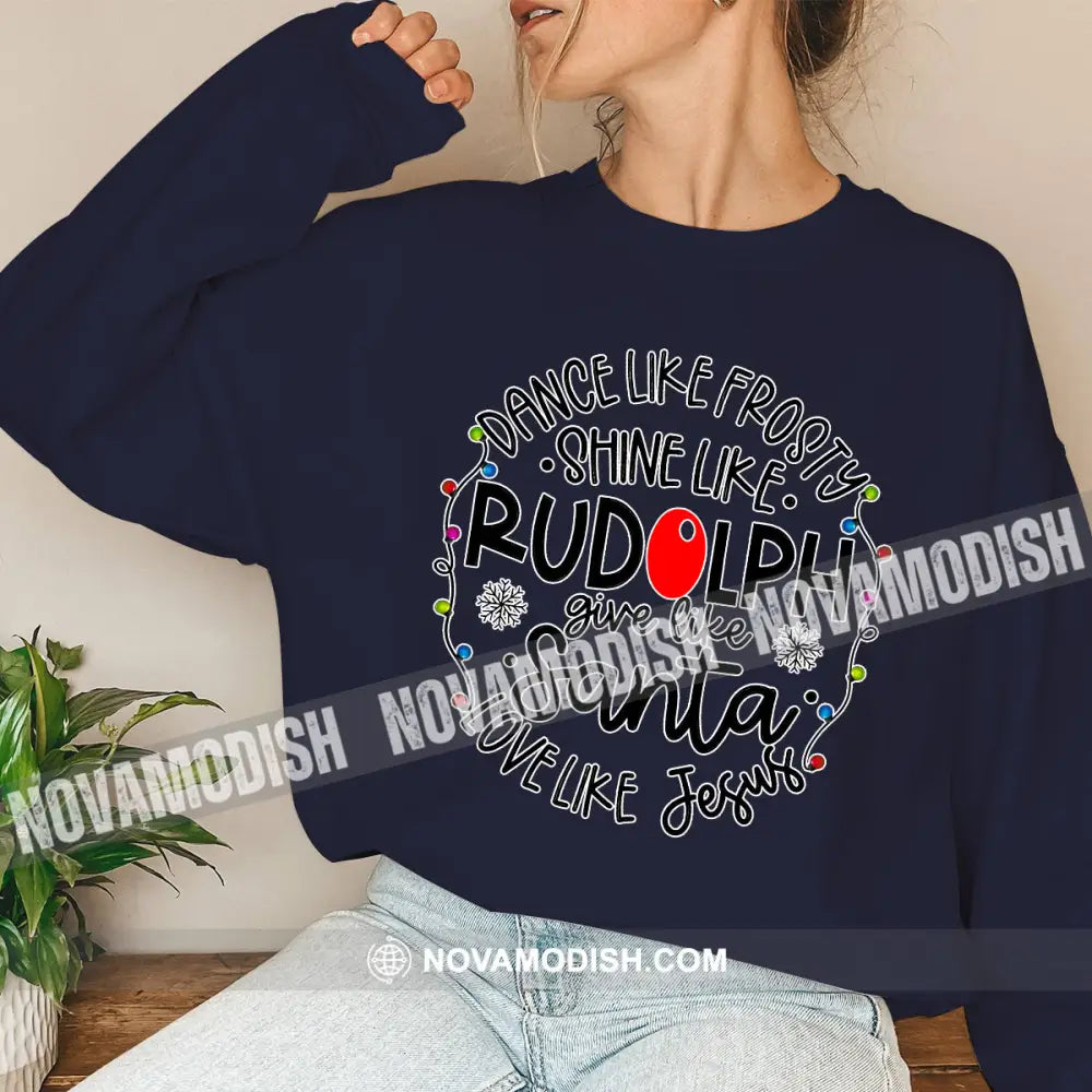 Unisex Shirt Rudolph Santa Jesus Christmas Long Sleeve Sweater Gift For / Dark Blue S T-Shirt