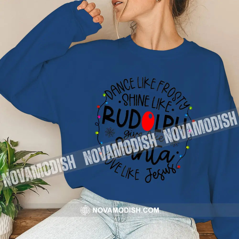 Unisex Shirt Rudolph Santa Jesus Christmas Long Sleeve Sweater Gift For / Navy Blue S T-Shirt