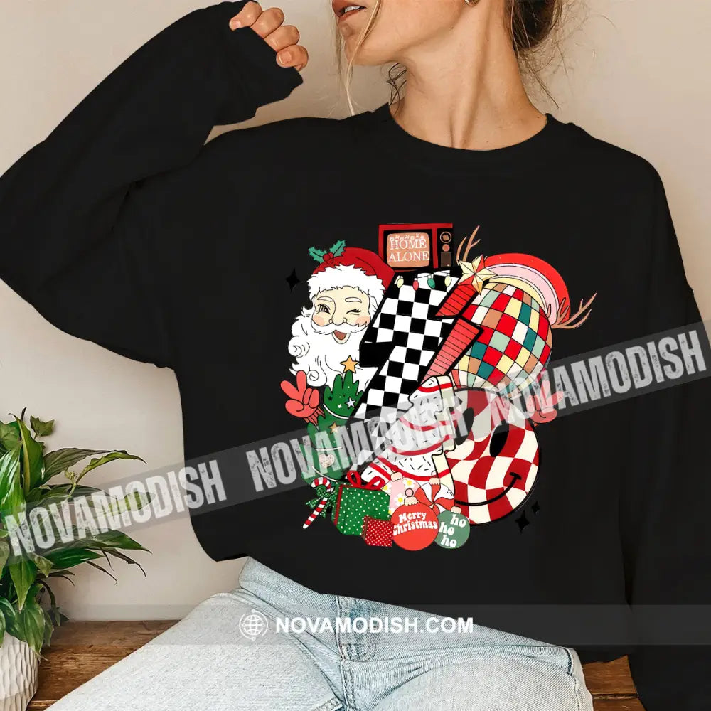 Unisex Shirt Santa Christmas Long Sleeve Sweater Gift For / Black S T-Shirt