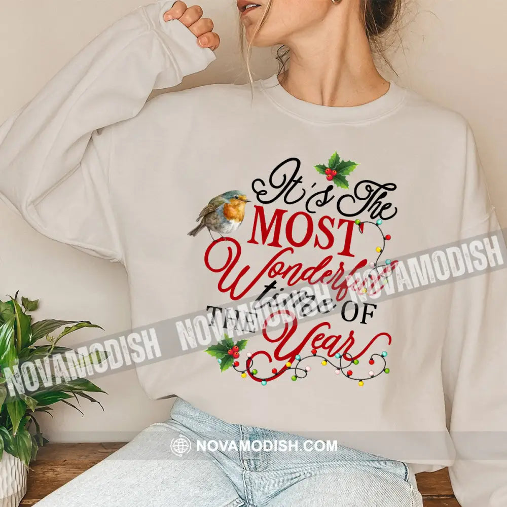 Unisex Shirt Wonderful Time Of The Year Christmas Long Sleeve Sweater Gift For / Beige S T-Shirt