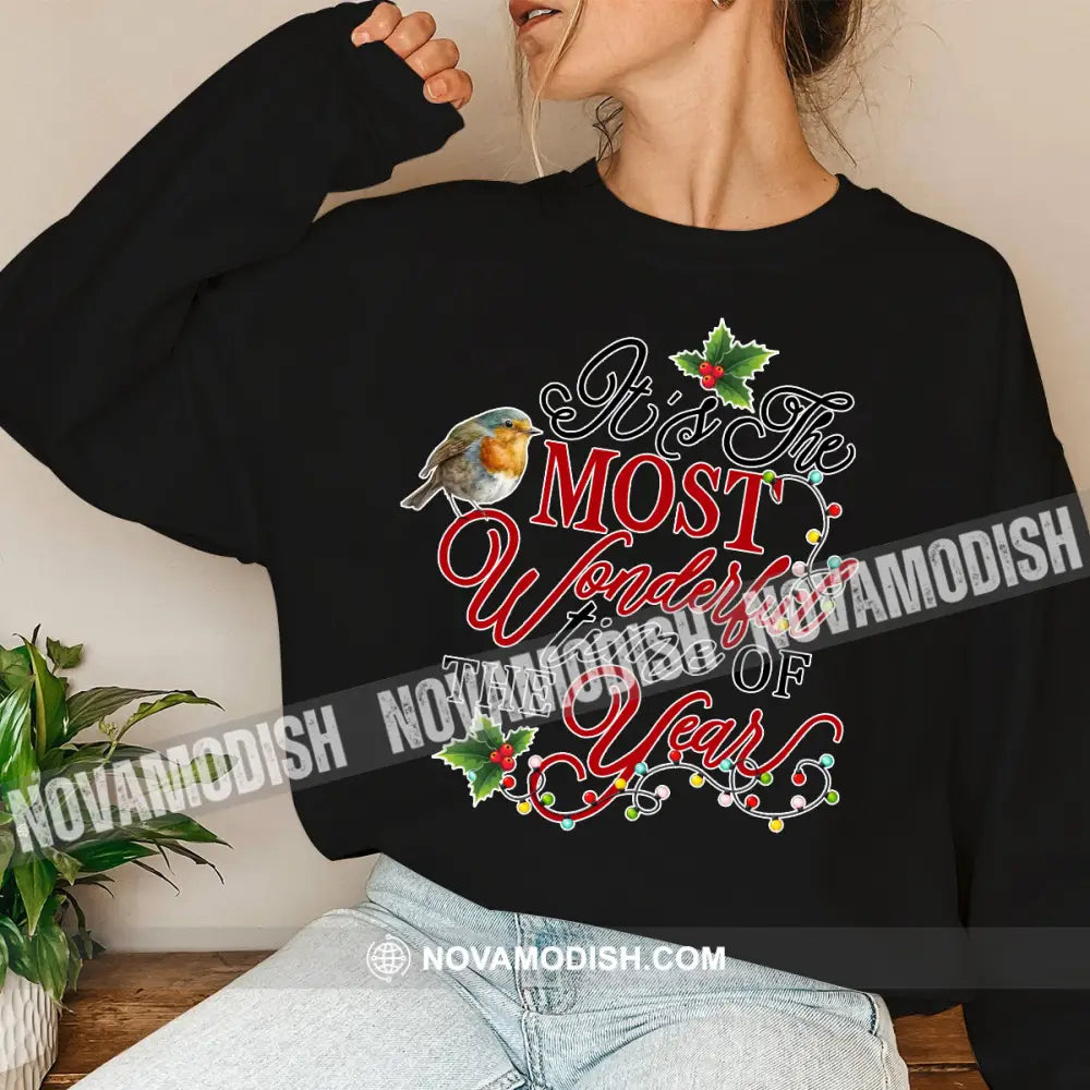 Unisex Shirt Wonderful Time Of The Year Christmas Long Sleeve Sweater Gift For / Black S T-Shirt