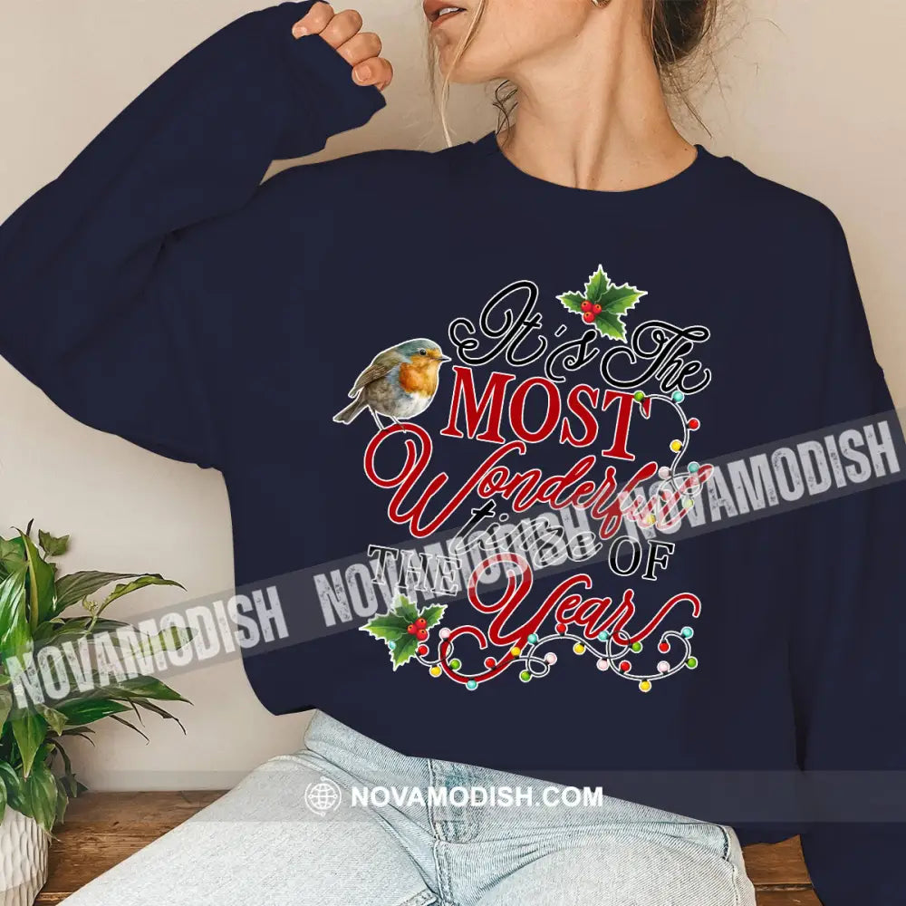 Unisex Shirt Wonderful Time Of The Year Christmas Long Sleeve Sweater Gift For / Dark Blue S T-Shirt