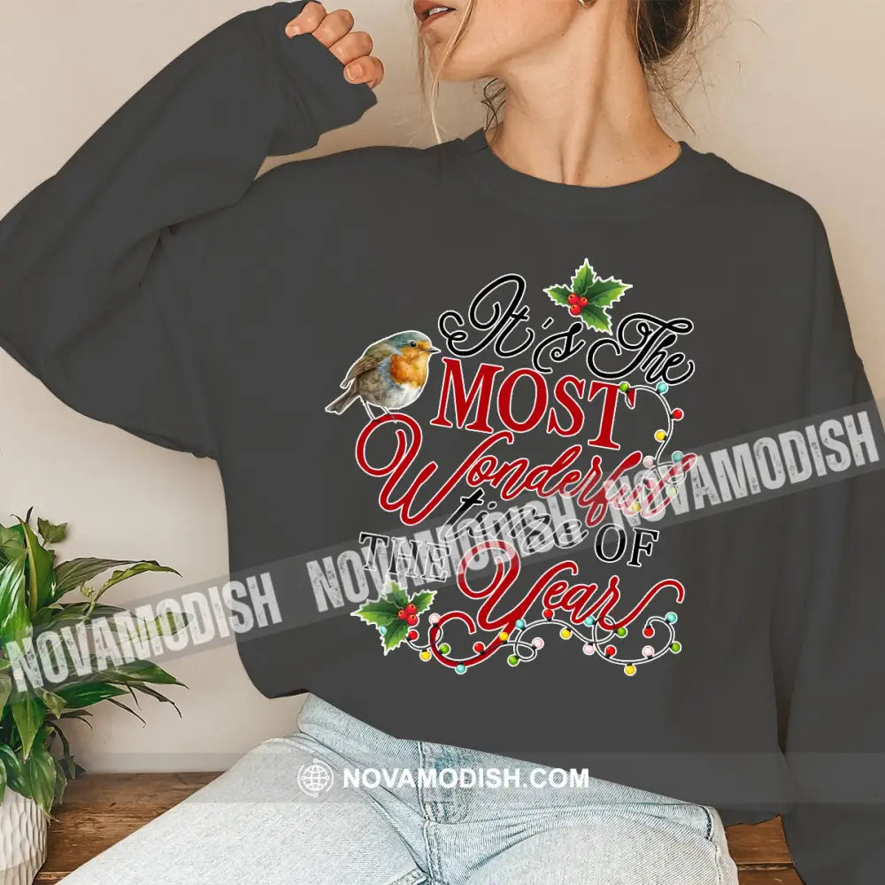 Unisex Shirt Wonderful Time Of The Year Christmas Long Sleeve Sweater Gift For / Dark Gray S T-Shirt