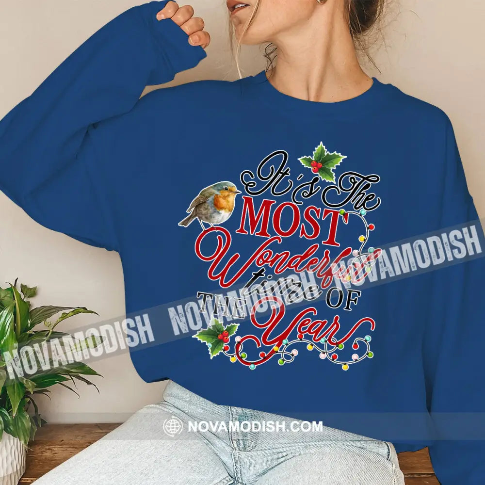 Unisex Shirt Wonderful Time Of The Year Christmas Long Sleeve Sweater Gift For / Navy Blue S T-Shirt