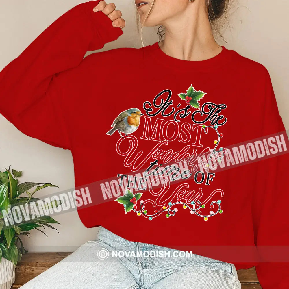 Unisex Shirt Wonderful Time Of The Year Christmas Long Sleeve Sweater Gift For / Red S T-Shirt