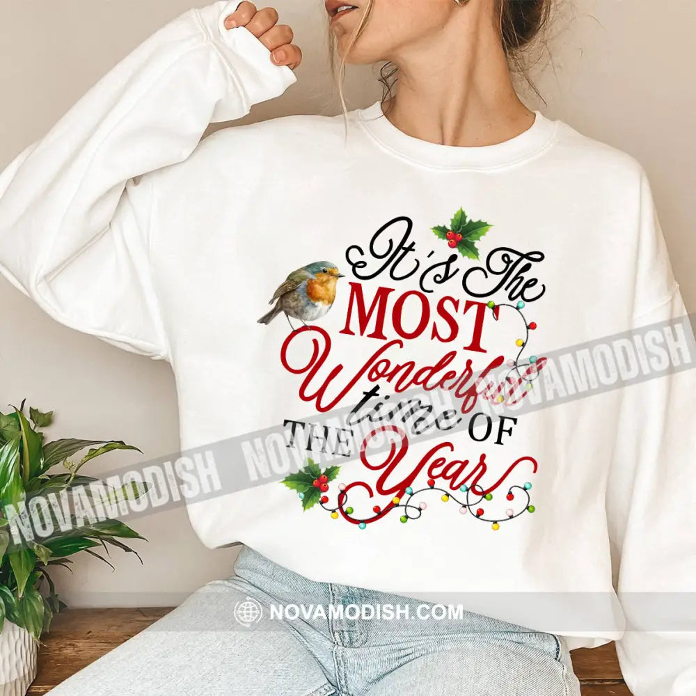 Unisex Shirt Wonderful Time Of The Year Christmas Long Sleeve Sweater Gift For / White S T-Shirt