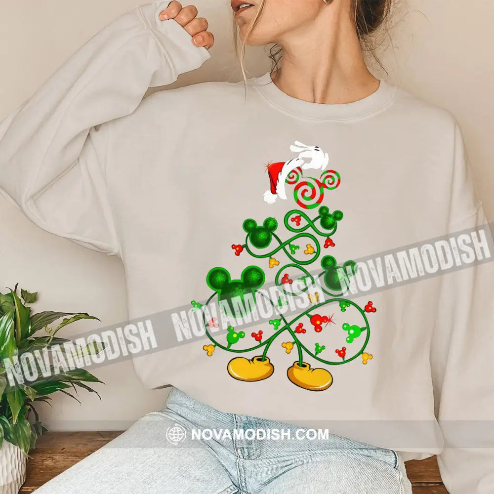 Unisex T-Shirt Christmas Tree And Mickey Hoodie Gift For Long Sleeve / Beige S T-Shirt