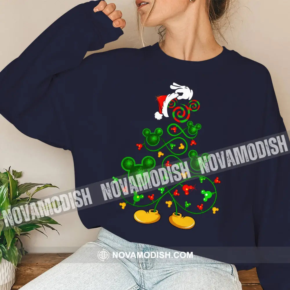 Unisex T-Shirt Christmas Tree And Mickey Hoodie Gift For Long Sleeve / Dark Blue S T-Shirt