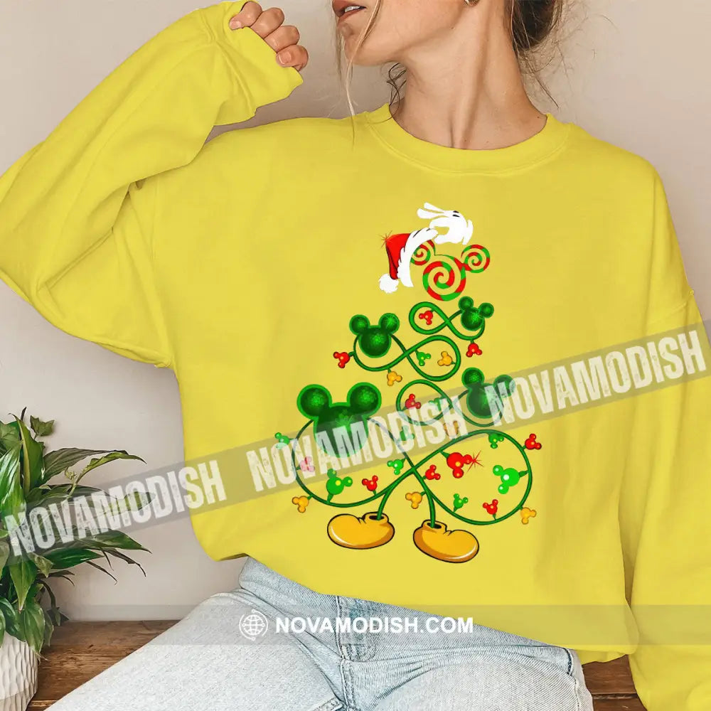 Unisex T-Shirt Christmas Tree And Mickey Hoodie Gift For Long Sleeve / Yellow S T-Shirt