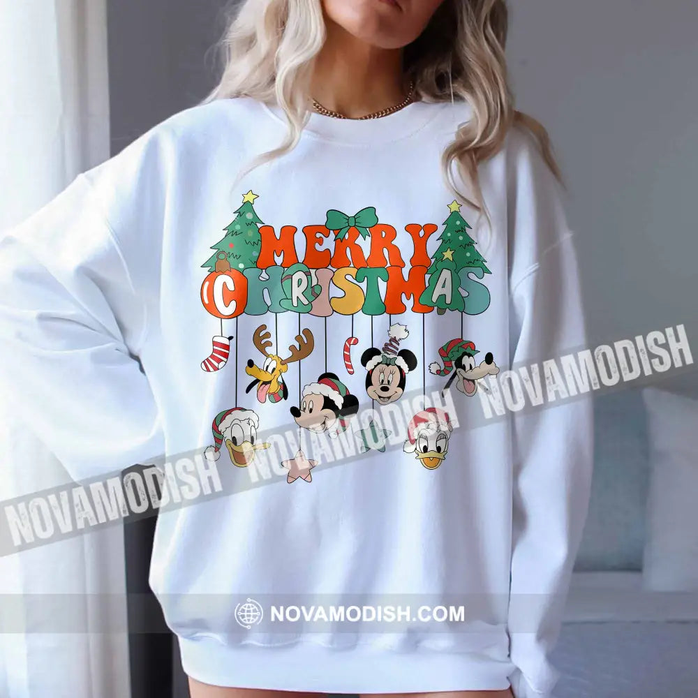 Unisex T-Shirt Merry Christmas Disney Friends Christmas Hoodie Gift For Long Sleeve / White S