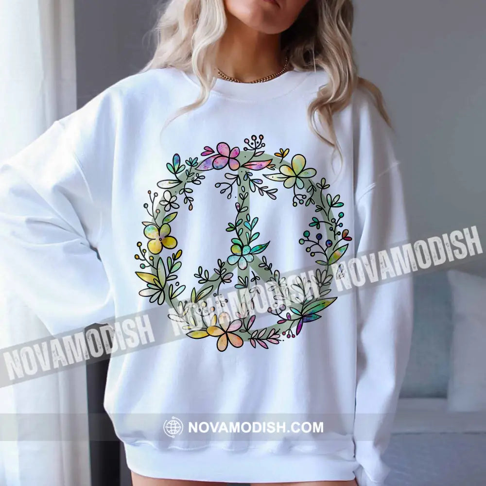 Unisex T-Shirt Peace And Love Sign Flowers Peace No War Shirt Apparel Long Sleeve / White S T-Shirt