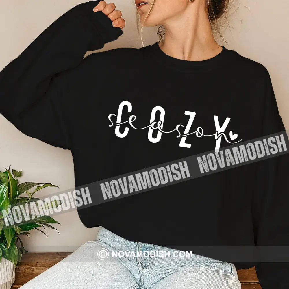 Woman Shirt Cozy Season Christmas Long Sleeve Sweater Gift For / Black S T-Shirt