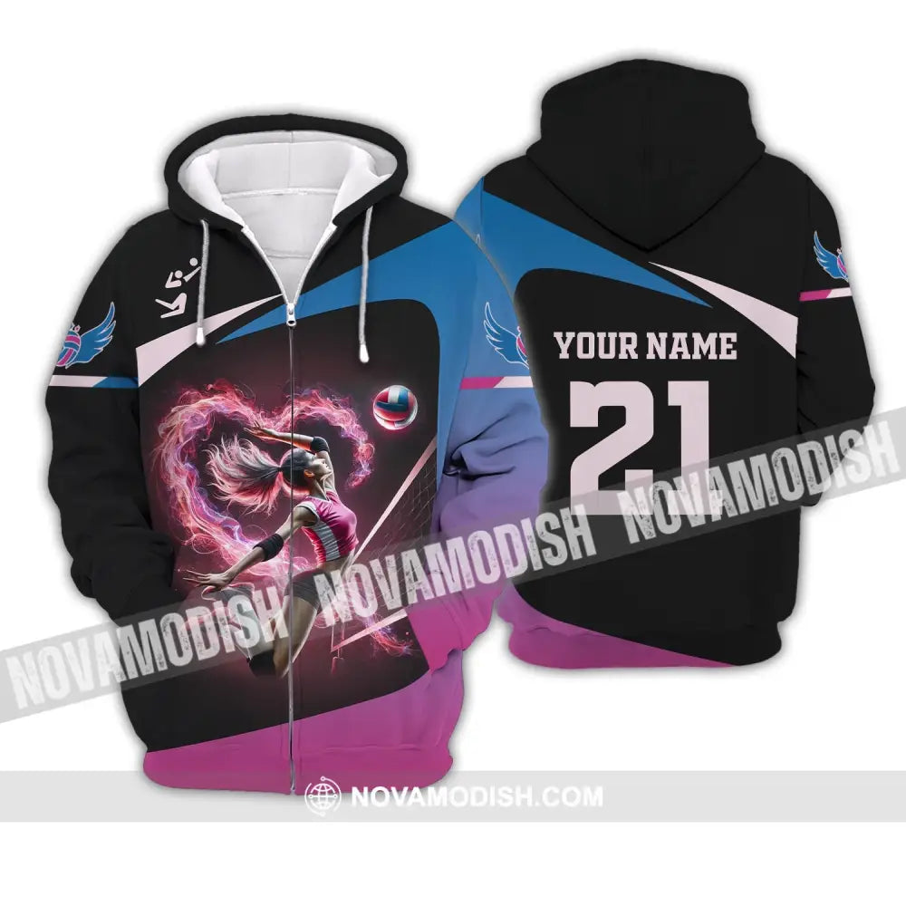 Woman Shirt Custom Name And Number Volleyball Love T-Shirt Zipper Hoodie / S T-Shirt