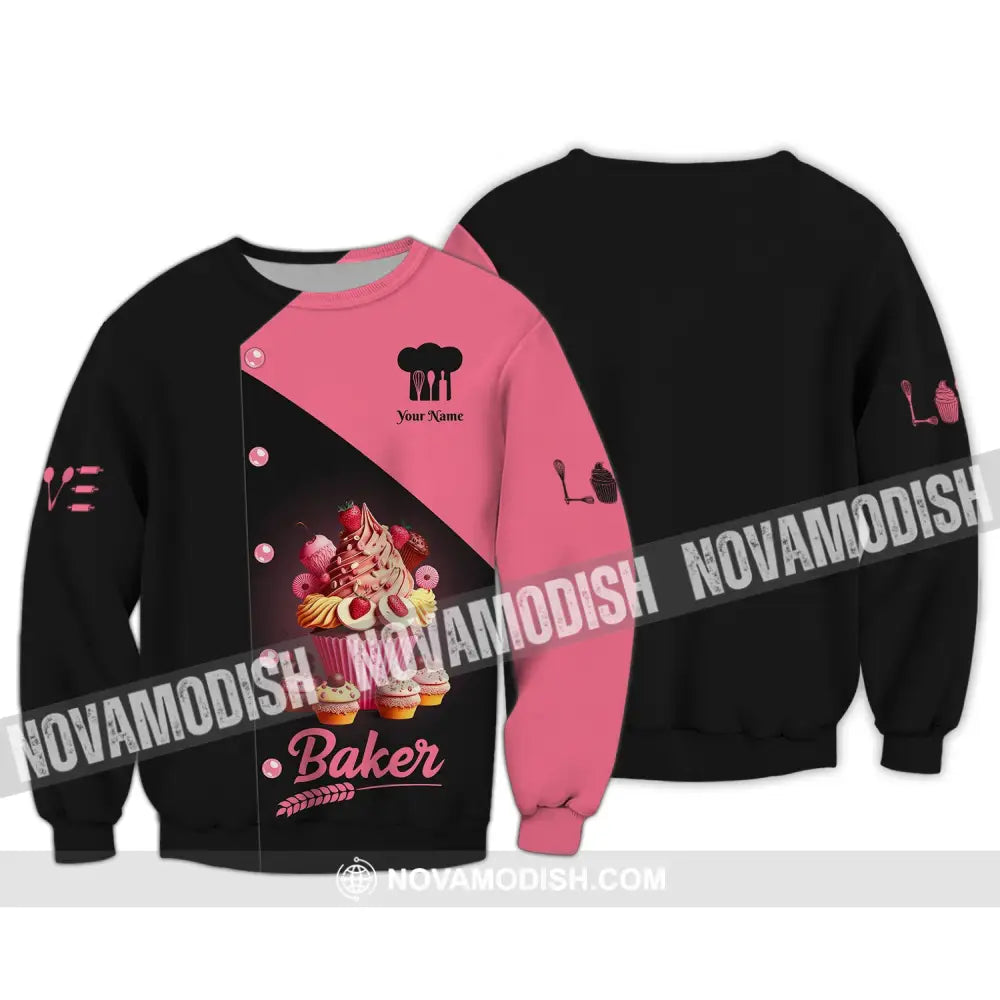 Woman Shirt Custom Name Bakery Baker Pink Cake Chef Apparel Baking Lovers Gift Long Sleeve / S