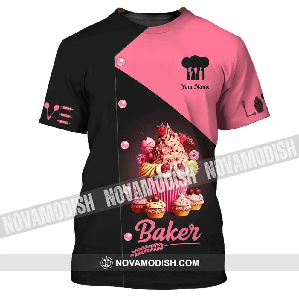 Woman Shirt Custom Name Bakery Baker Pink Cake Chef Apparel Baking Lovers Gift T-Shirt / S