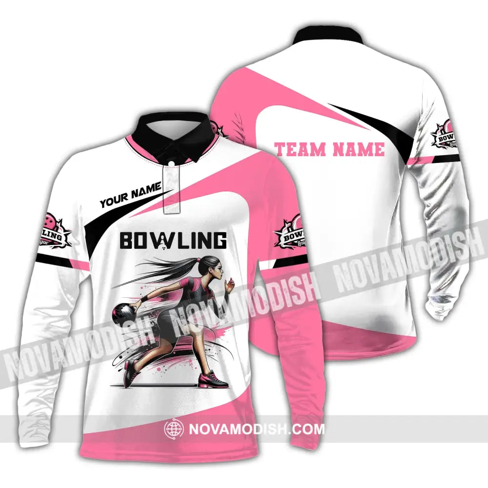 Woman Shirt Custom Name Bowling Zip Polo For Player T-Shirt Long Sleeve / S T-Shirt