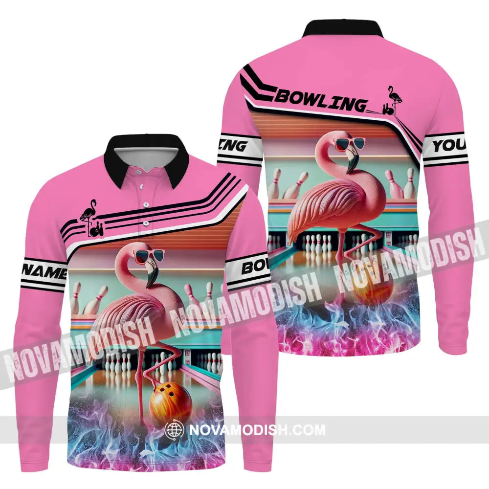 Woman Shirt - Custom Name Shirt Flamingo Bowling Shirt - Gift for Bowling Lovers Long Sleeve Polo / S T-shirt