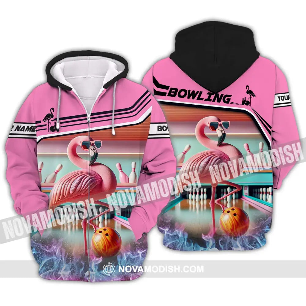Woman Shirt - Custom Name Shirt Flamingo Bowling Shirt - Gift for Bowling Lovers Zipper Hoodie / S T-shirt
