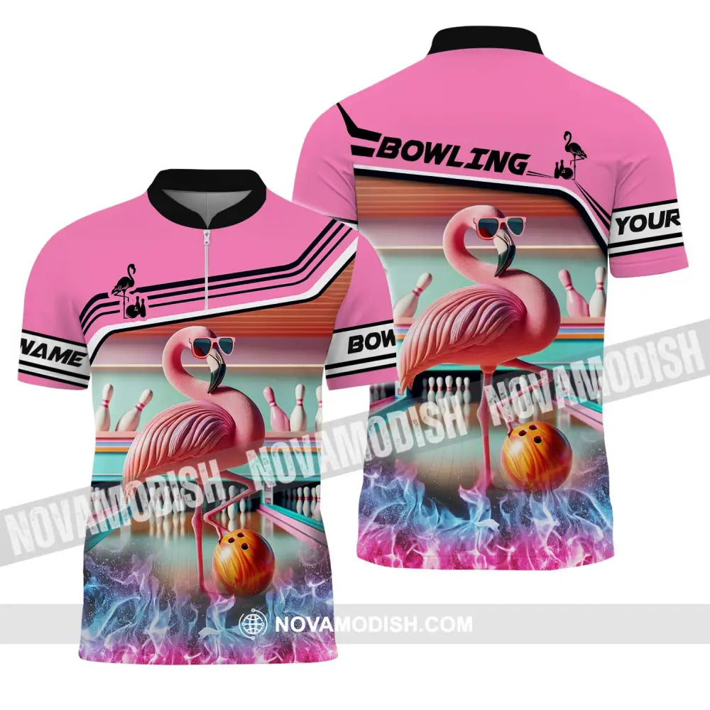 Woman Shirt - Custom Name Shirt Flamingo Bowling Shirt - Gift for Bowling Lovers Zipper Polo Shirt / S T-shirt