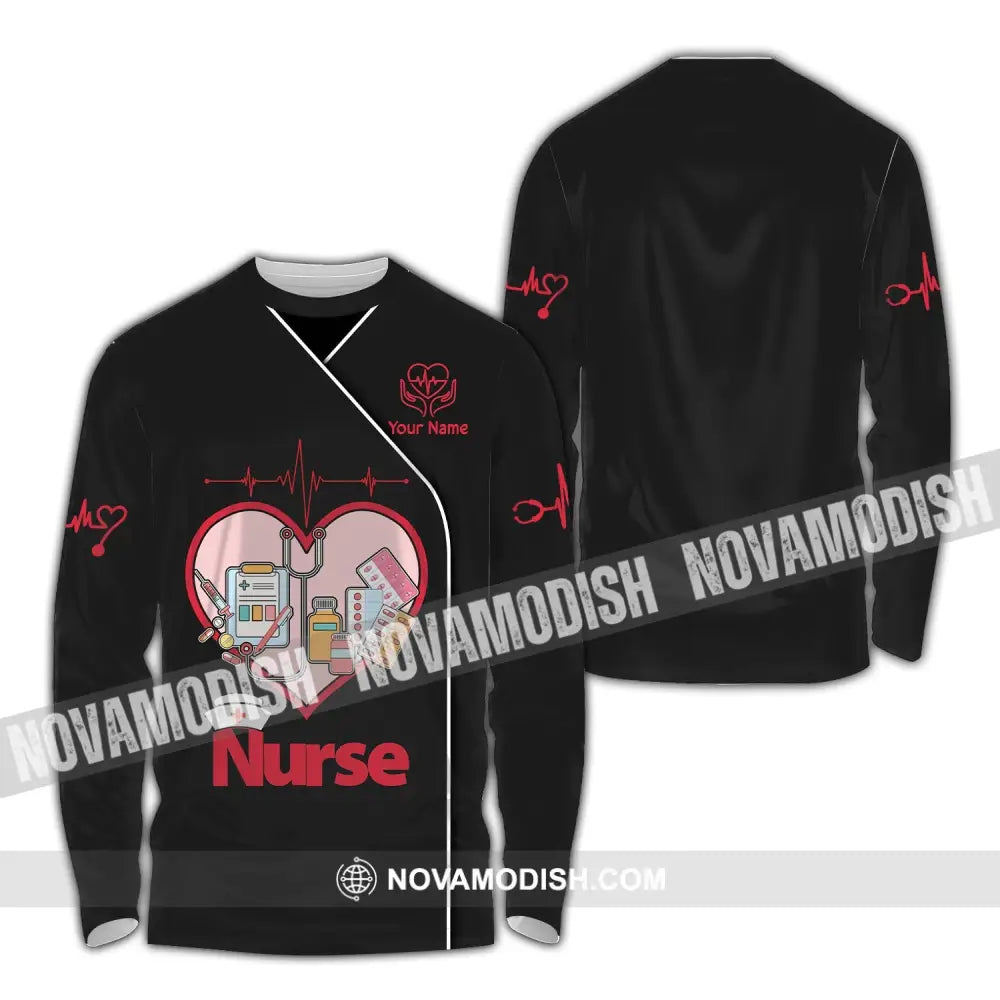 Woman Shirt Custom Name Nurse Polo Long Sleeve Love T-Shirt / S T-Shirt