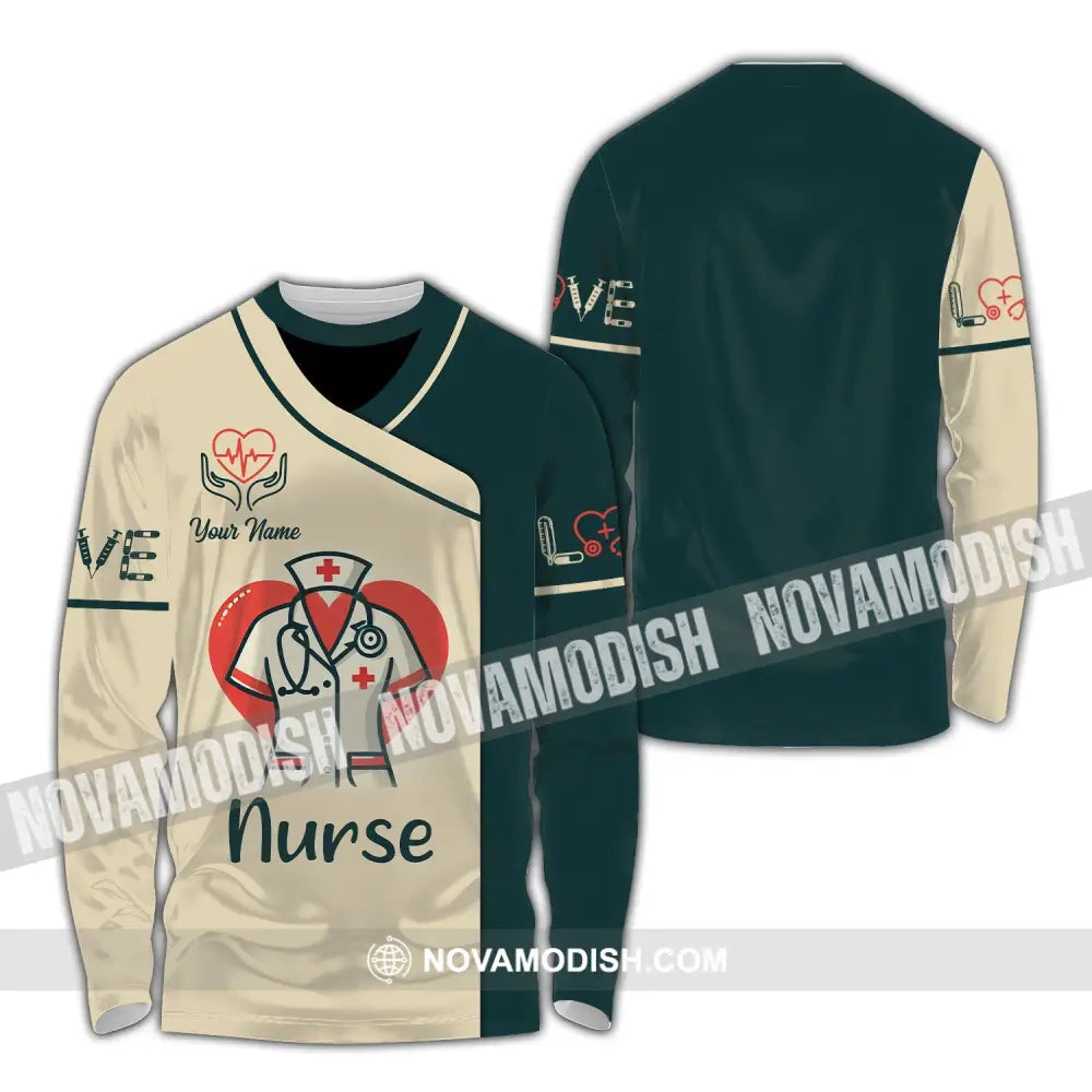 Woman Shirt Custom Name Nurse Polo Long Sleeve Love T-Shirt / S T-Shirt