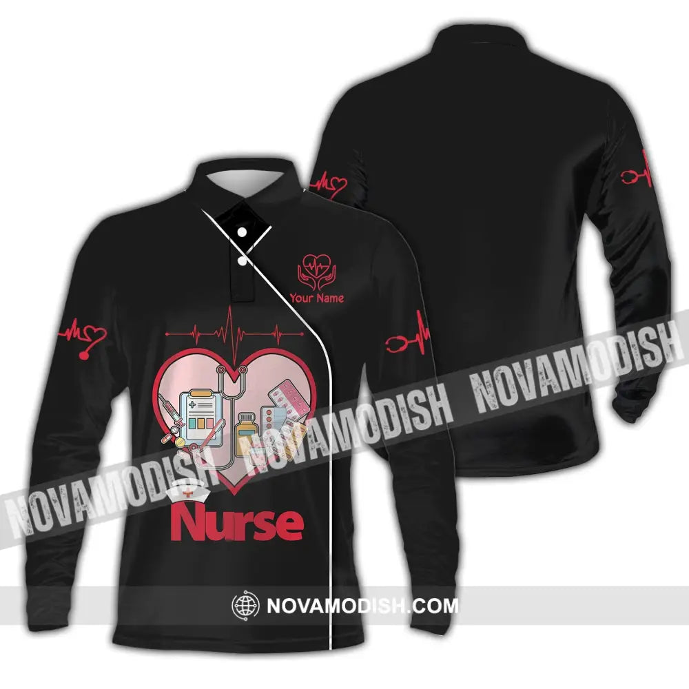 Woman Shirt Custom Name Nurse Polo Long Sleeve Love T-Shirt / S T-Shirt