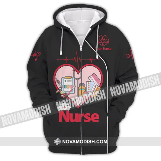 Woman Shirt Custom Name Nurse Polo Long Sleeve Love T-Shirt Zipper Hoodie / S T-Shirt