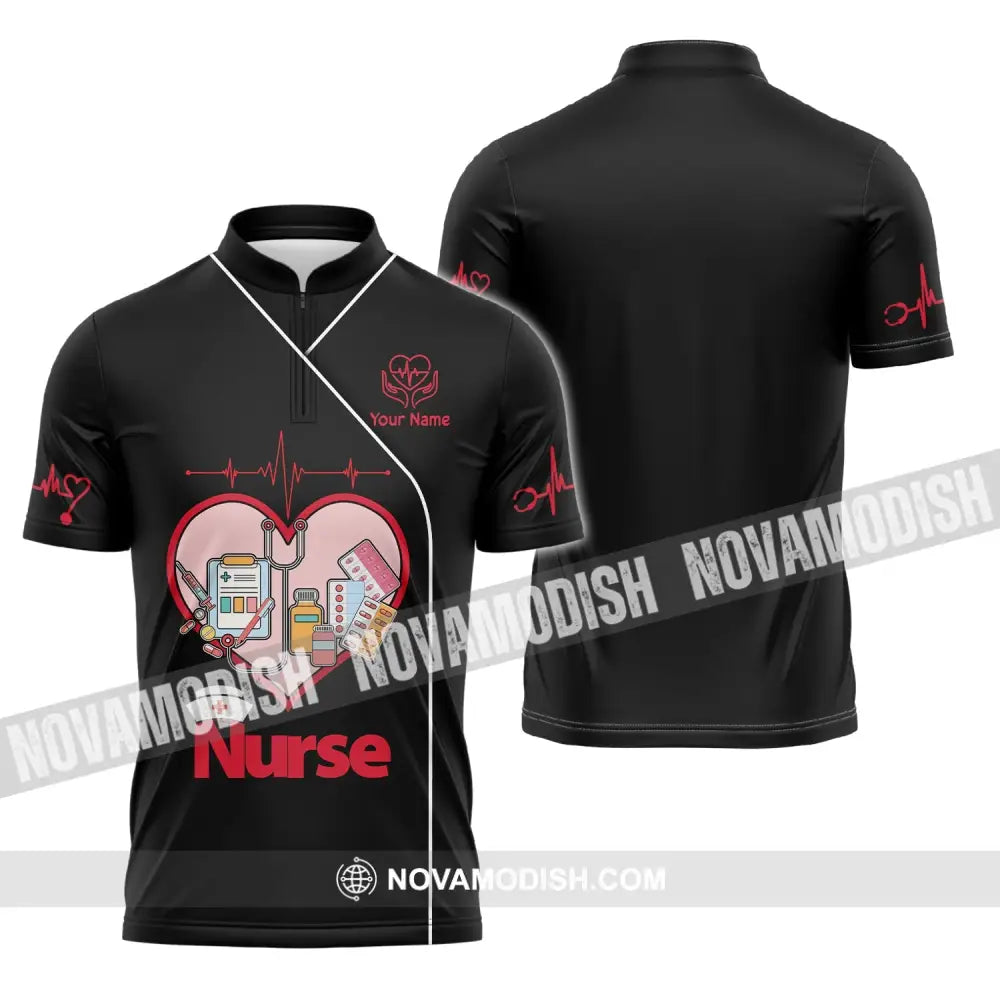 Woman Shirt Custom Name Nurse Polo Long Sleeve Love T-Shirt Zipper / S T-Shirt