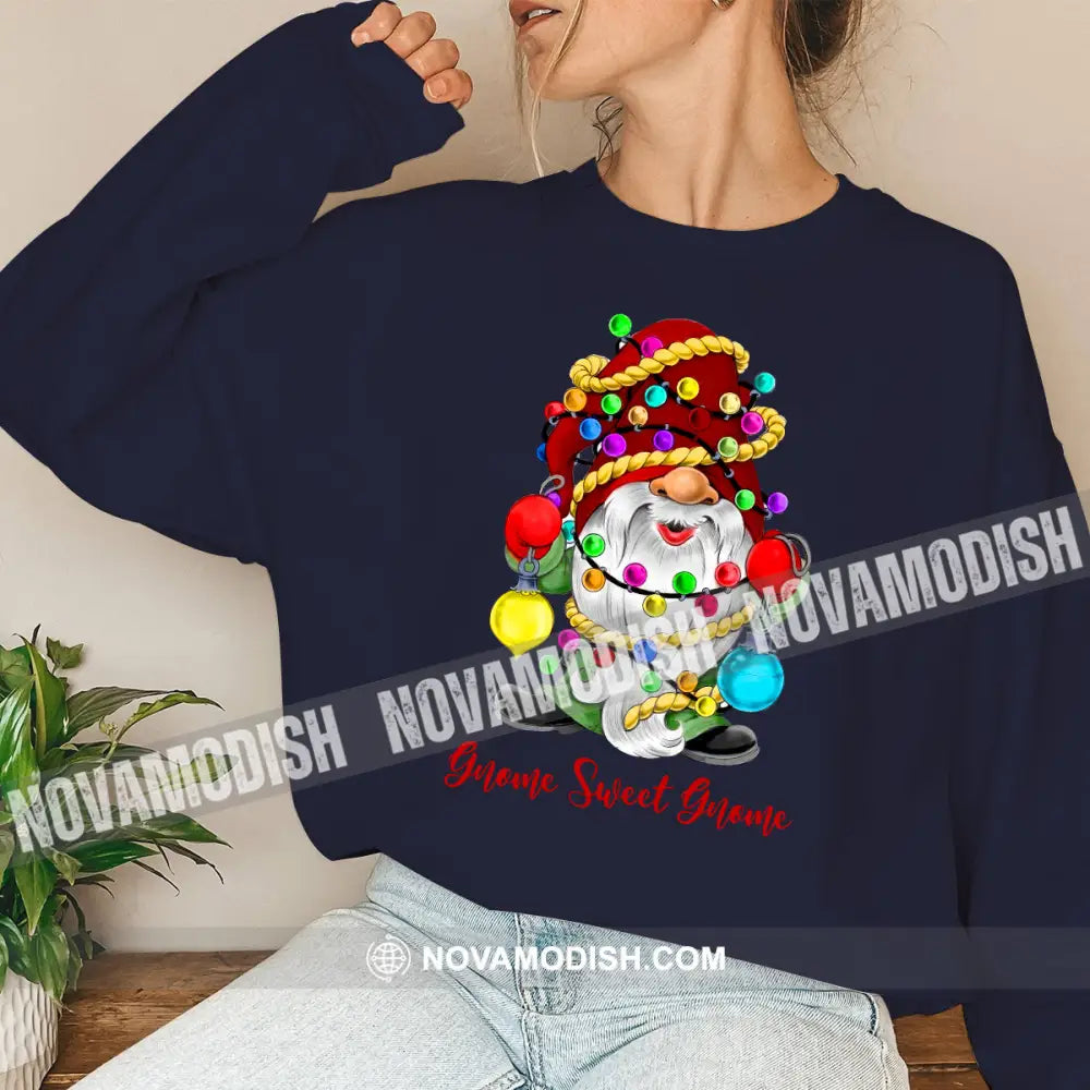 Woman Shirt Gnome Sweet Christmas Long Sleeve Sweater Gift For / Dark Blue S T-Shirt