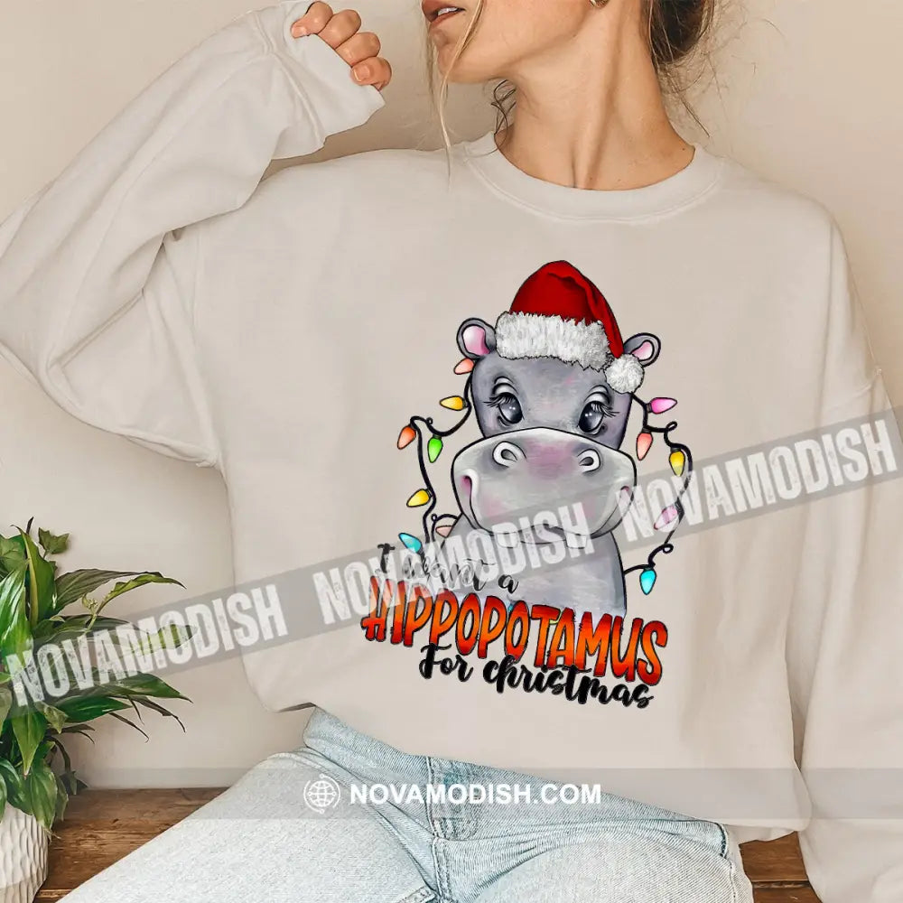 Woman Shirt Hippopotamus Christmas Long Sleeve Sweater Gift For / Beige S T-Shirt