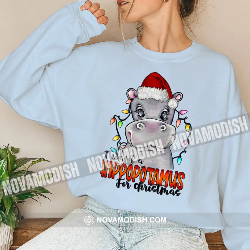 Woman Shirt Hippopotamus Christmas Long Sleeve Sweater Gift For / Blue S T-Shirt