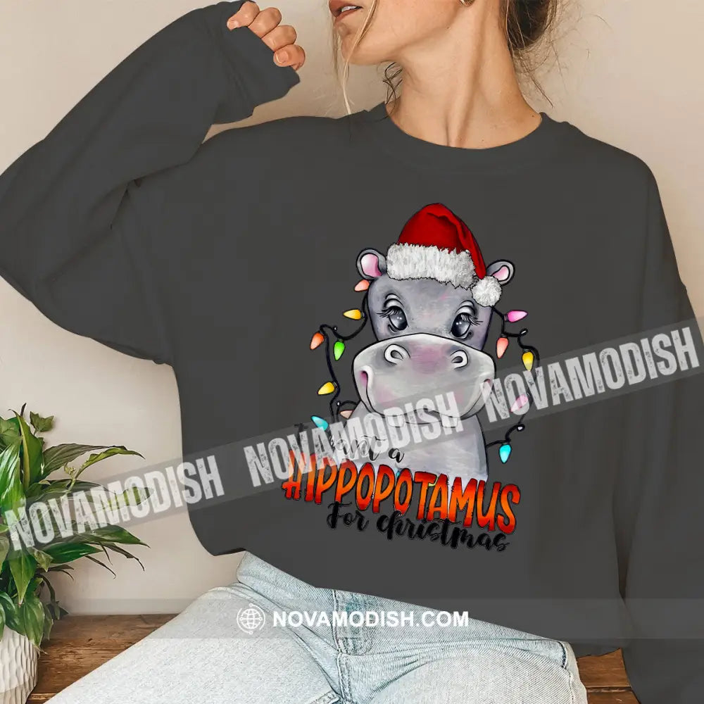 Woman Shirt Hippopotamus Christmas Long Sleeve Sweater Gift For / Dark Gray S T-Shirt