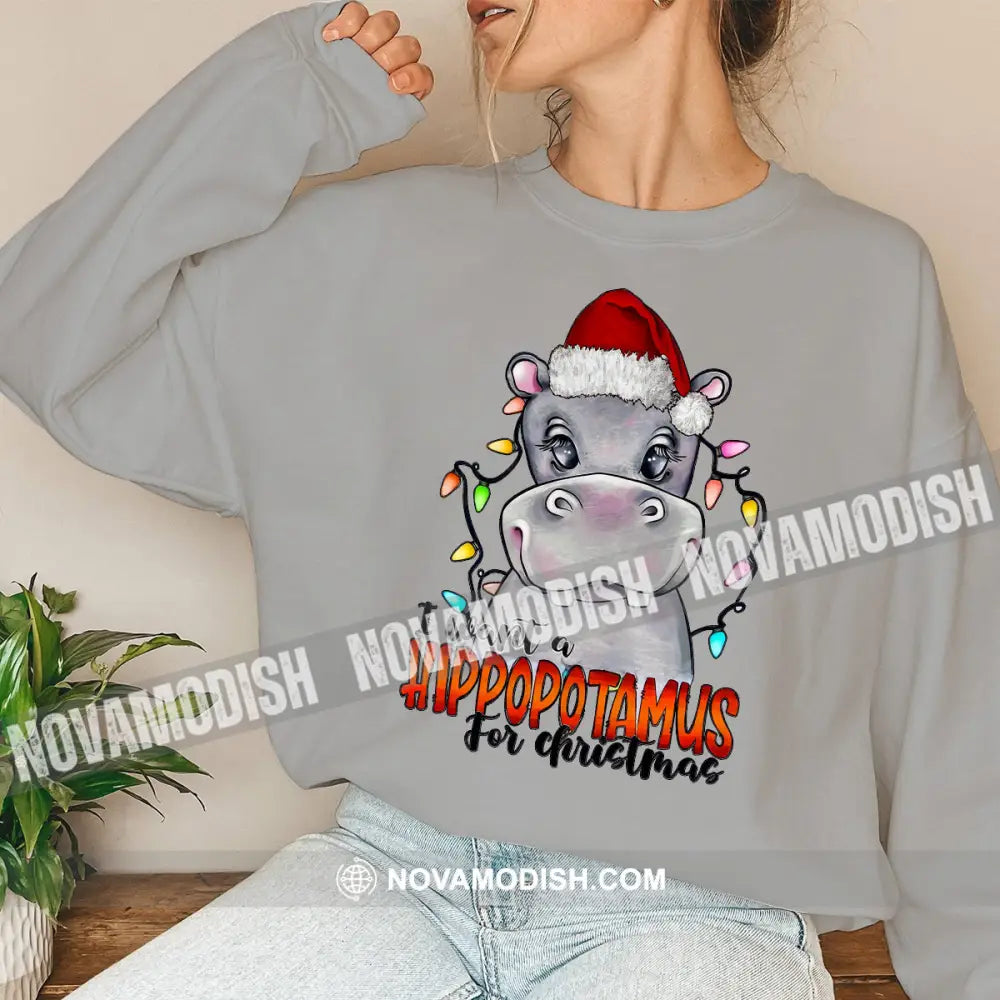 Woman Shirt Hippopotamus Christmas Long Sleeve Sweater Gift For / Gray S T-Shirt