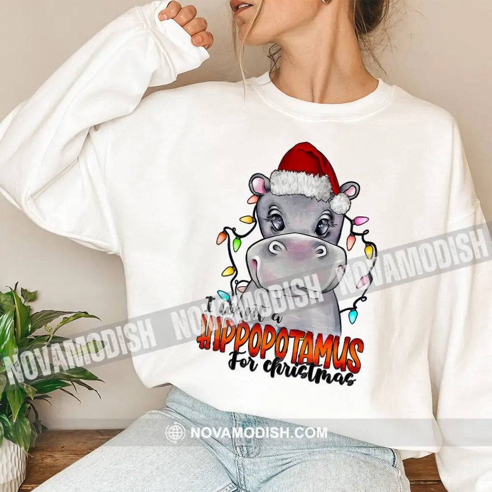 Woman Shirt Hippopotamus Christmas Long Sleeve Sweater Gift For / White S T-Shirt