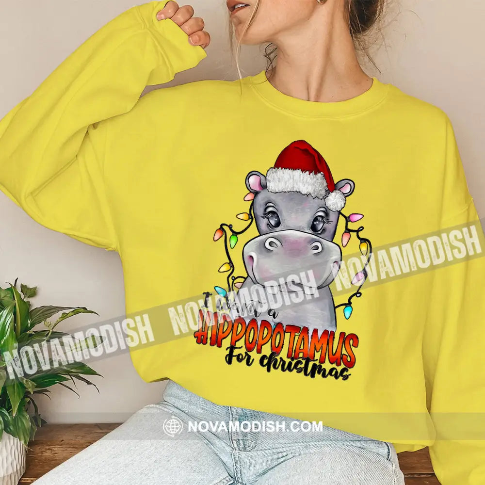 Woman Shirt Hippopotamus Christmas Long Sleeve Sweater Gift For / Yellow S T-Shirt