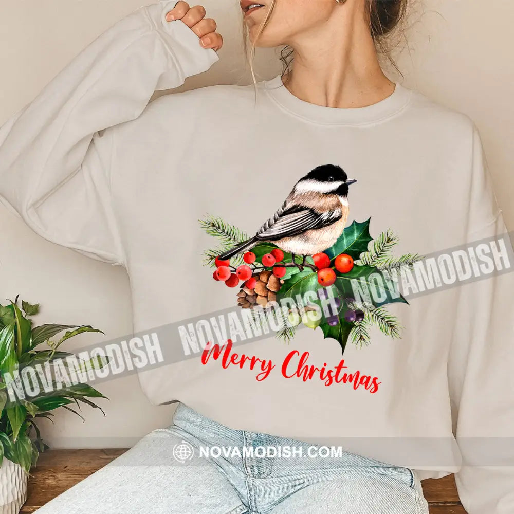 Woman Shirt Merry Christmas Bird Long Sleeve Sweater Gift For / Beige S T-Shirt