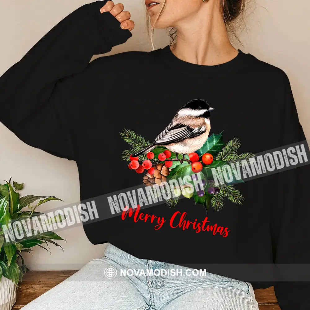 Woman Shirt Merry Christmas Bird Long Sleeve Sweater Gift For / Black S T-Shirt