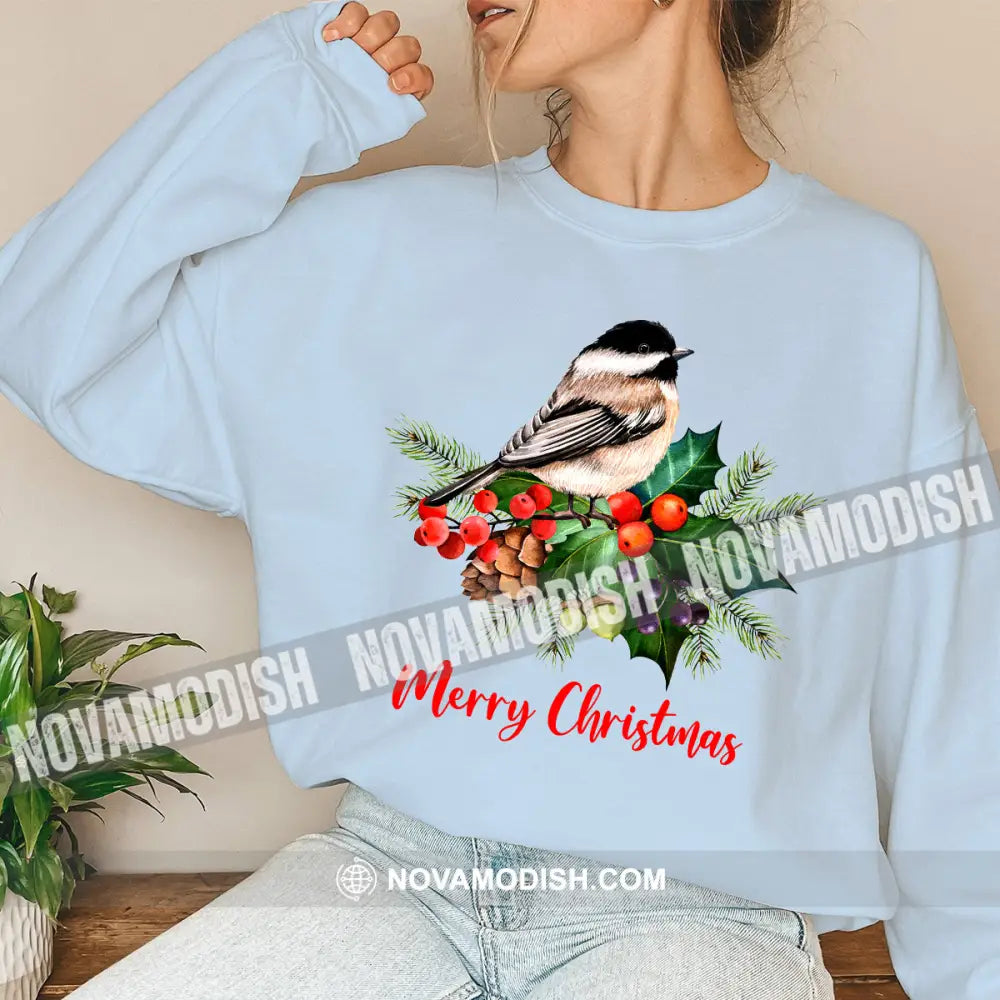 Woman Shirt Merry Christmas Bird Long Sleeve Sweater Gift For / Blue S T-Shirt