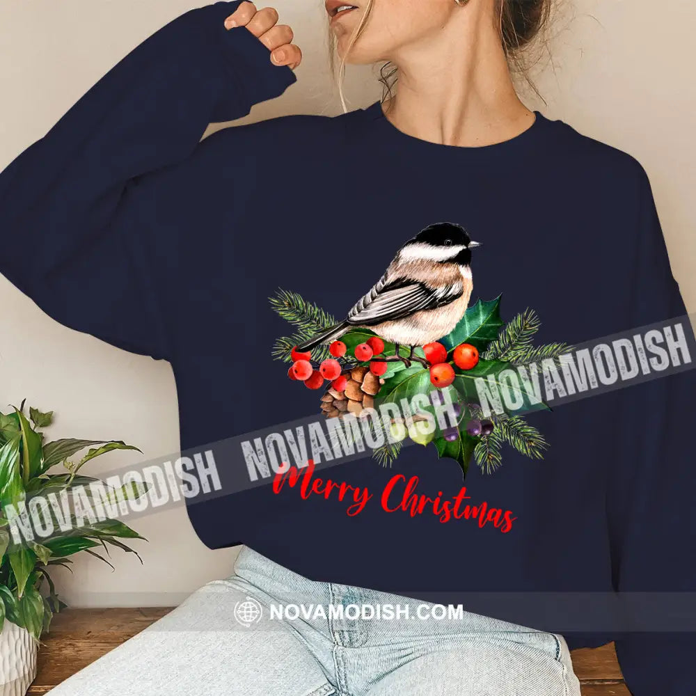 Woman Shirt Merry Christmas Bird Long Sleeve Sweater Gift For / Dark Blue S T-Shirt