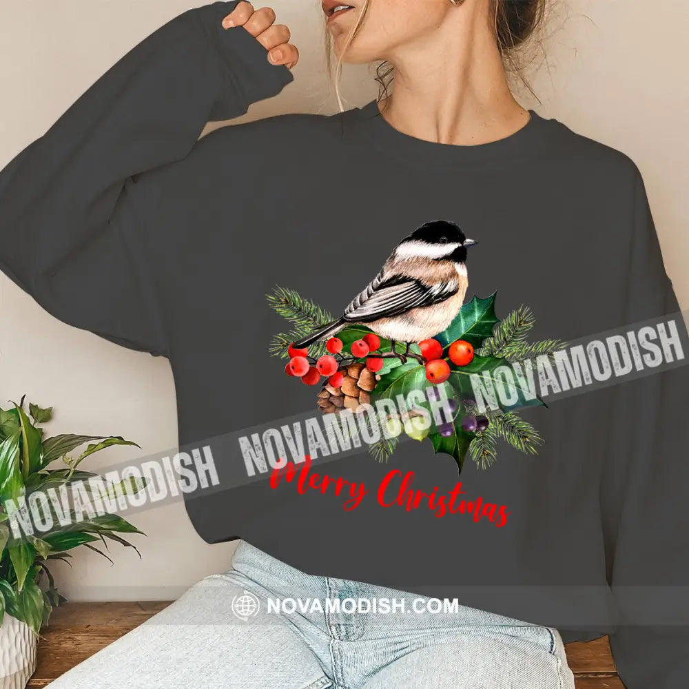 Woman Shirt Merry Christmas Bird Long Sleeve Sweater Gift For / Dark Gray S T-Shirt