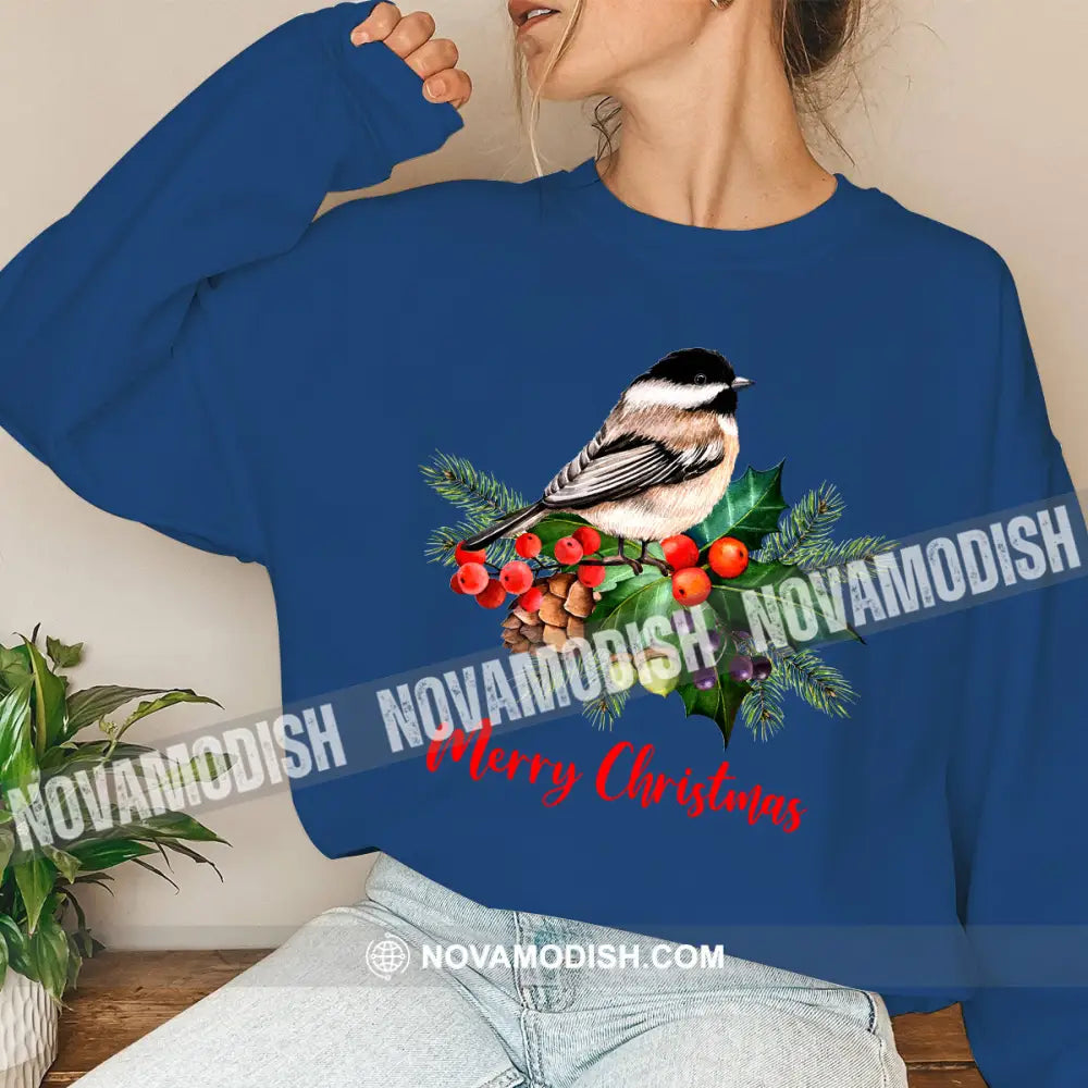 Woman Shirt Merry Christmas Bird Long Sleeve Sweater Gift For / Navy Blue S T-Shirt