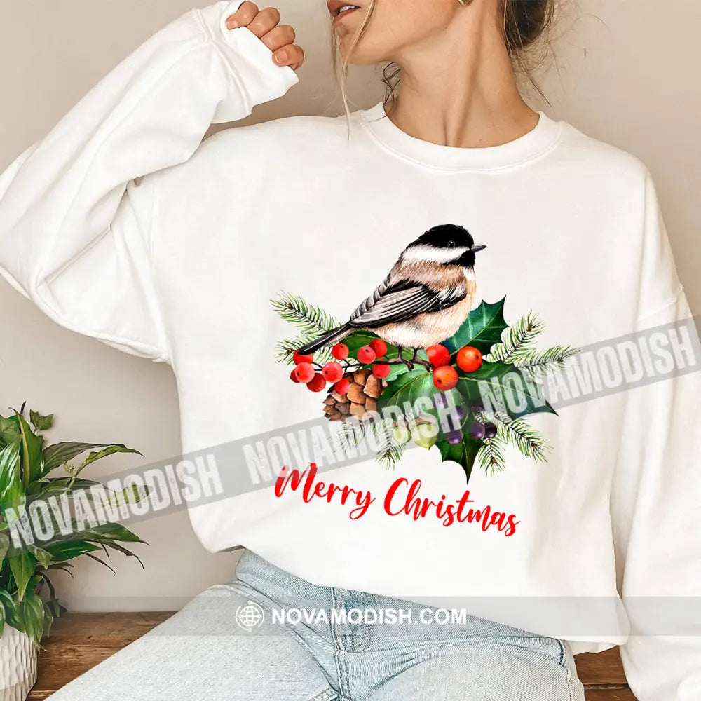 Woman Shirt Merry Christmas Bird Long Sleeve Sweater Gift For / White S T-Shirt